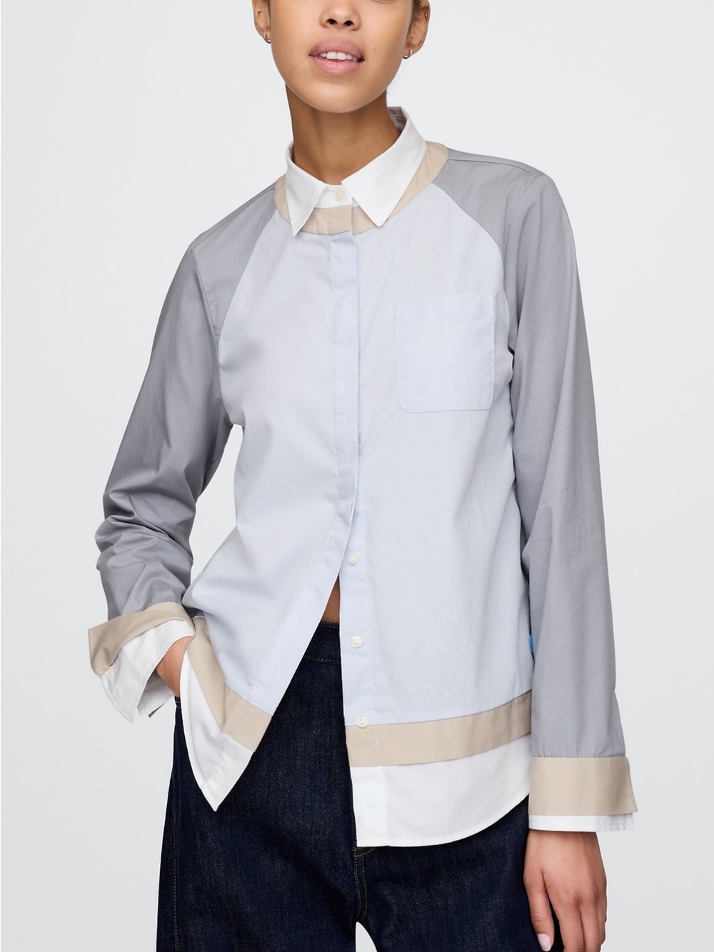 GAP Colorblock Button-Down Shirt in Light Blue, Gray & Beige